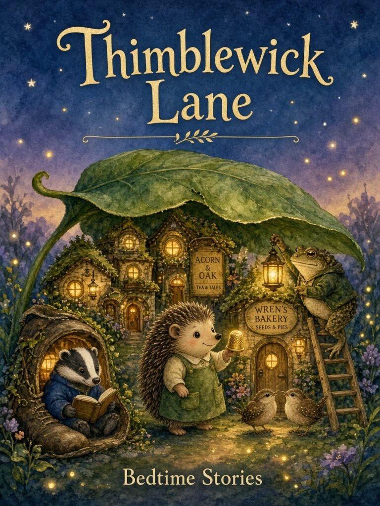 Illustrated cover of Thimblewick Lane: a hedgehog holding a golden thimble, a badger reading in a boot, two little wrens and a toad lighting a lamp, all beneath a giant leaf at dusk.