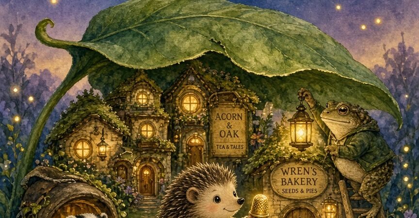 Illustrated cover of Thimblewick Lane: a hedgehog holding a golden thimble, a badger reading in a boot, two wrens and a toad lighting a lamp, beneath a giant leaf at dusk.